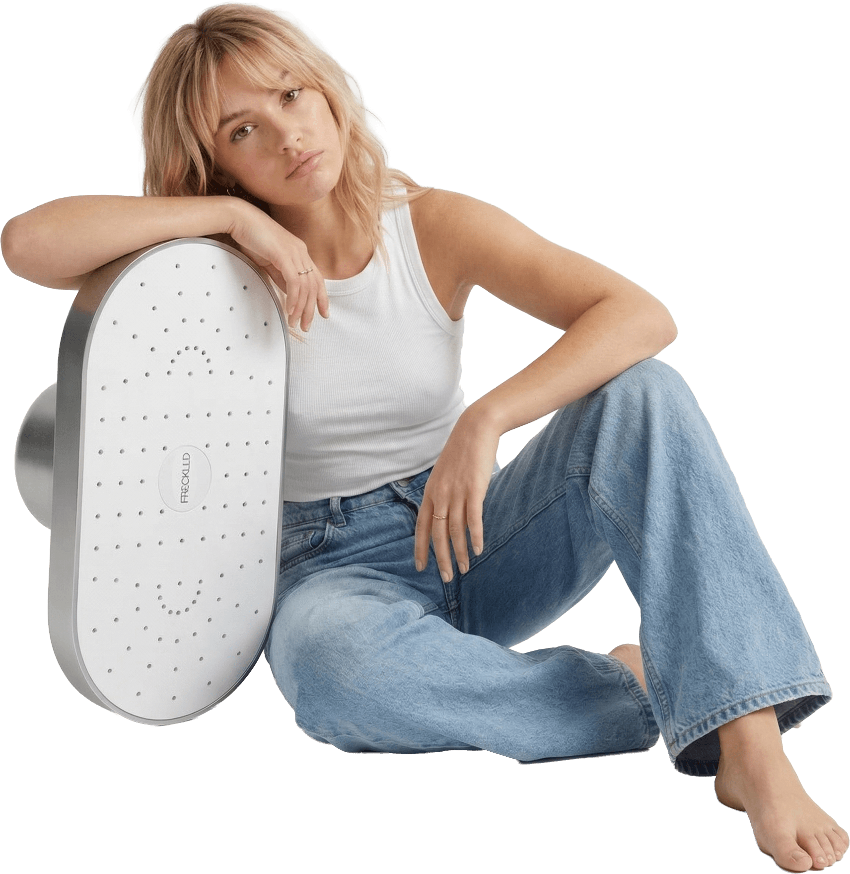 Woman interacting with Freckld shower system