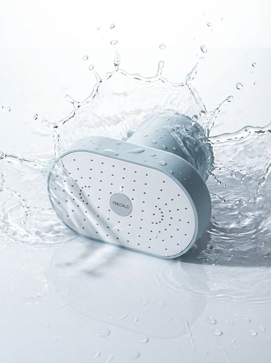 Freckld inside a bathroom setting, with splashes of water around it